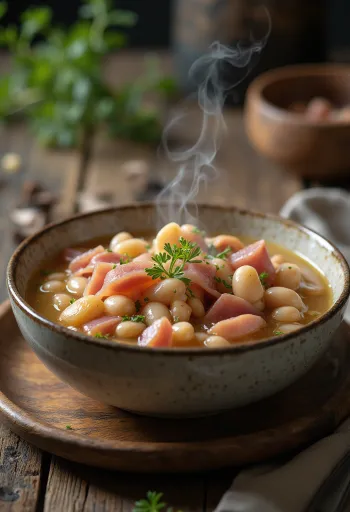 Smoked ham with beans served with fresh parsley