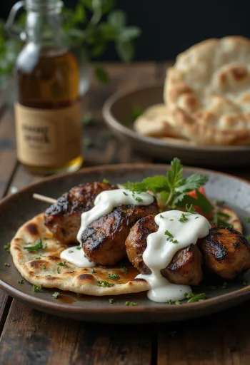 Yoghurt kebab served in pita with yoghurt sauce and fresh parsley