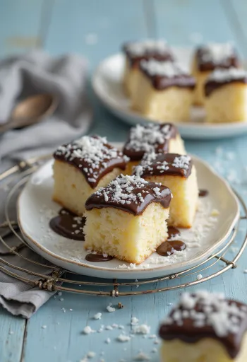 Coconut cubes with chocolate coating and desiccated coconut