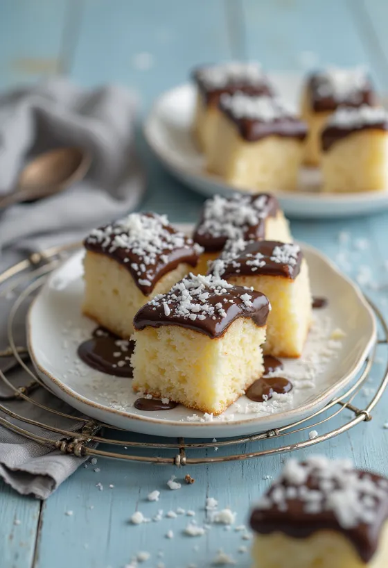 Coconut cubes with chocolate coating and desiccated coconut