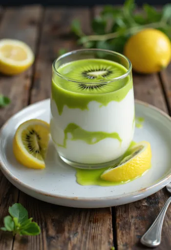 Kiwi-lemon probiotic yoghurt in a light green shade in a bowl, without fresh fruit