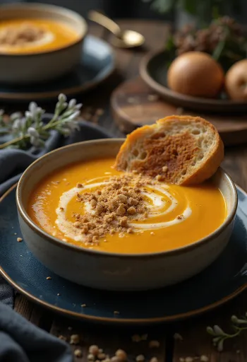 Creamy pumpkin soup served with toasted pumpkin seeds and fresh parsley