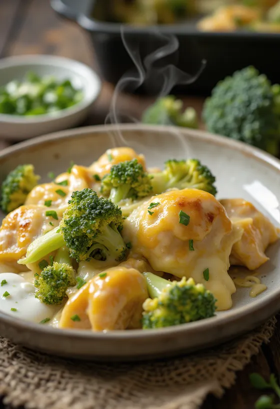 Chicken and broccoli bake with juicy chicken breast and melted cheese on top