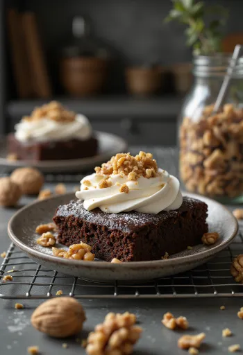 Walnut chocolate cake decorated with roasted walnuts