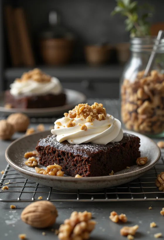 Walnut chocolate cake decorated with roasted walnuts