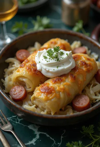 Hungarian stuffed cabbage rolls served with sour cream