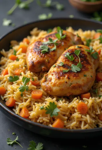 Chicken Kabsa, spiced rice garnished with toasted almonds