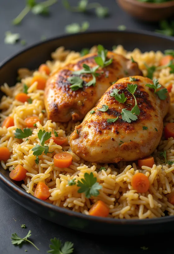 Chicken Kabsa, spiced rice garnished with toasted almonds
