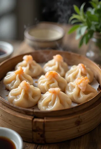 Dim sum style Chinese steamed dumpling in translucent dough with prawn filling