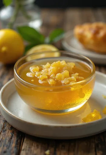 Honey lemon ginger glaze in a bowl, garnished with lemon slices and ginger.