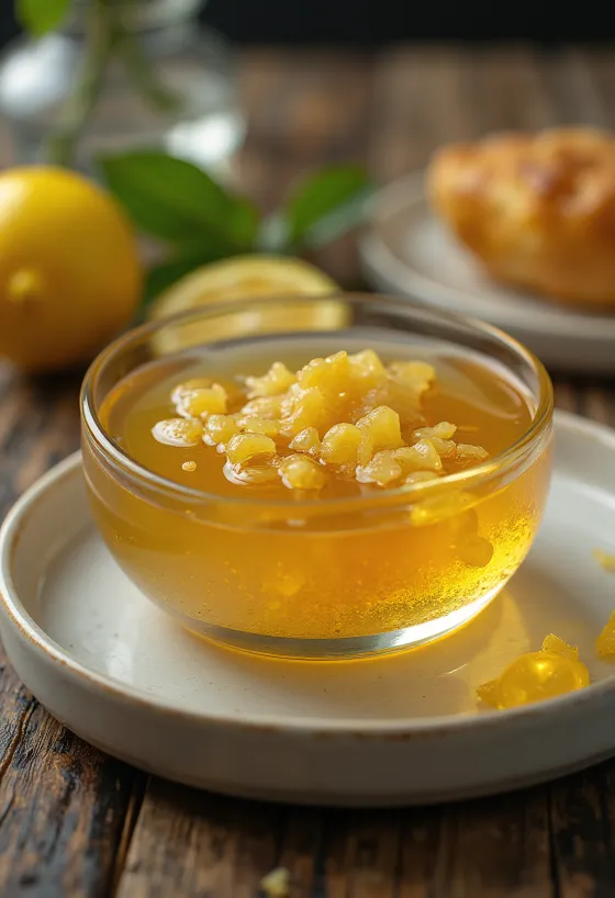 Honey lemon ginger glaze in a bowl, garnished with lemon slices and ginger.