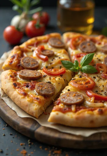 Hungarian pizza with smoked sausage and soured cream