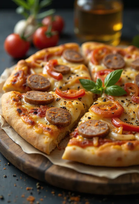 Hungarian pizza with smoked sausage and soured cream