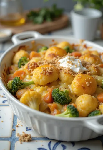 Vegetable bake with tender roasted vegetables, creamy sauce and melted cheese on top