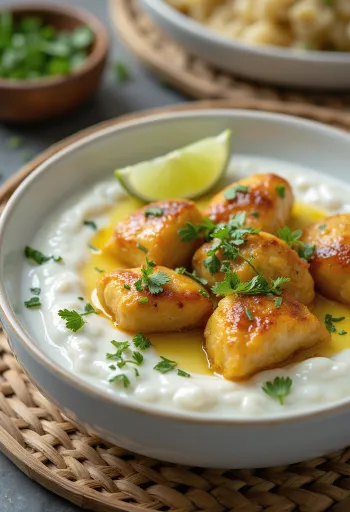 Spiced yoghurt chicken served with fresh coriander