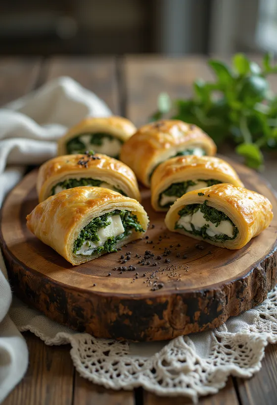 Spinach and feta strudel freshly baked, with crispy pastry
