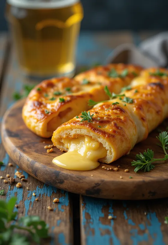 Stromboli with smoked cheese served, rich smoked cheese on top, crispy outside and soft inside.