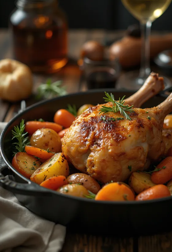 Roasted duck leg served with crispy skin and roasted vegetables