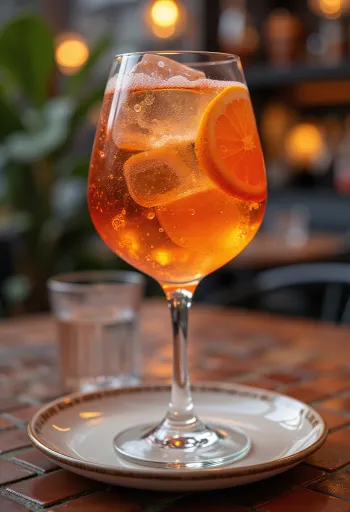 Aperol Spritz decorated with orange slice and ice cubes