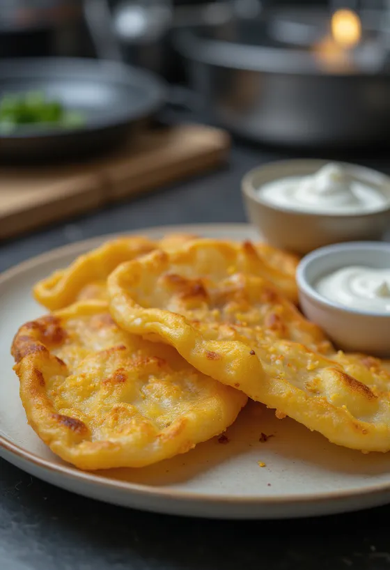 Golden fried potato lángos served with garlic sour cream and grated cheese.