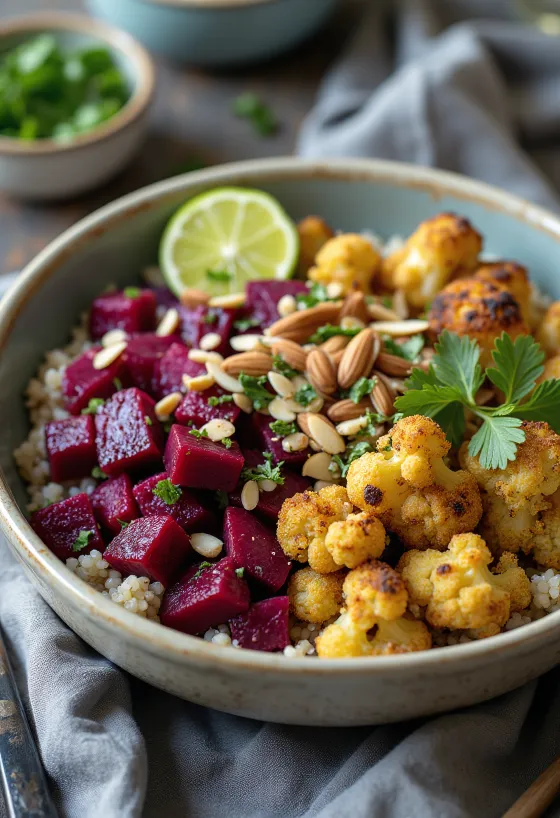 Beetroot cauliflower Buddha bowl with lime