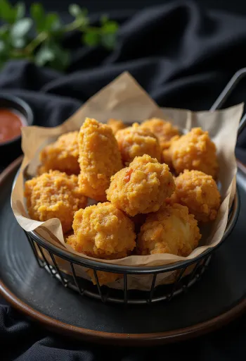 Chicken nuggets served with crispy golden brown coating