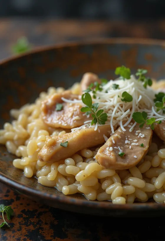 Chicken liver risotto served with Parmesan and parsley