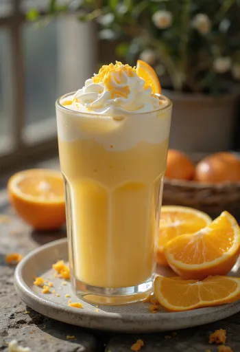 Orange and vanilla frappé creamy coffee drink garnished with whipped cream and orange zest
