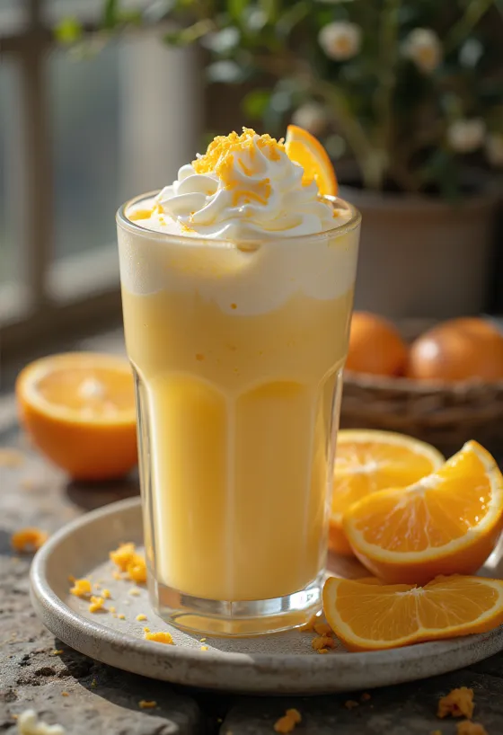 Orange and vanilla frappé creamy coffee drink garnished with whipped cream and orange zest