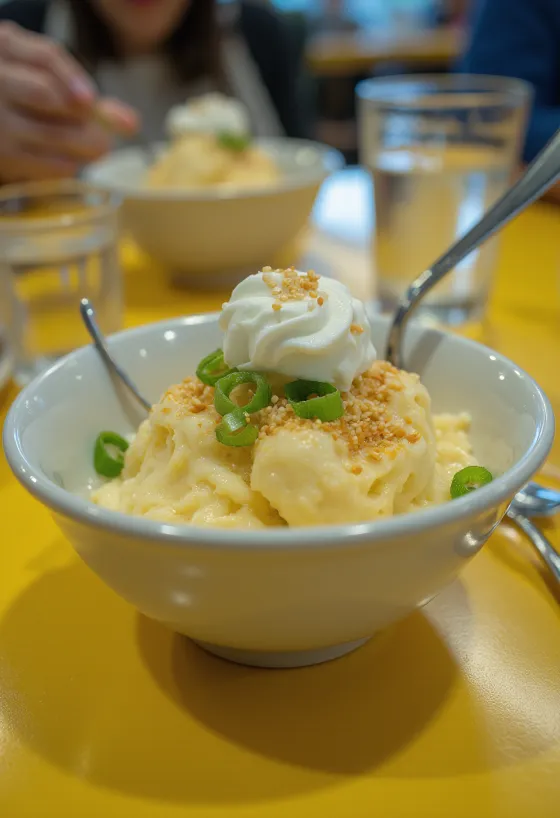 Steamed sundae garnished with cinnamon, sour cream and sesame seeds