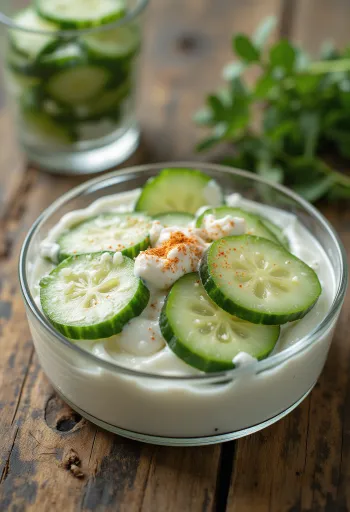 Fresh sour cream cucumber salad sprinkled with garlic and paprika, served in a white bowl.