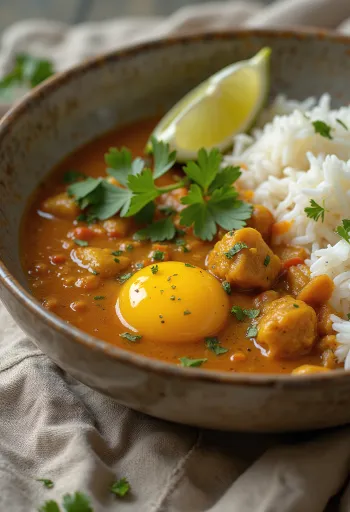 Vegan aubergine curry served with rice, sprinkled with fresh coriander