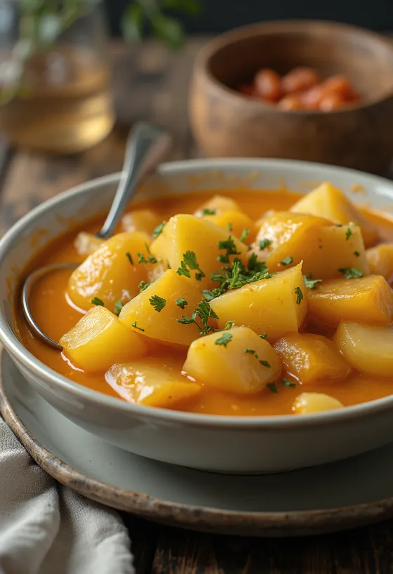 Potato stew in a thick, creamy sauce, sprinkled with fresh parsley