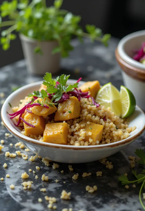 Beetroot lime tofu with quinoa curry served