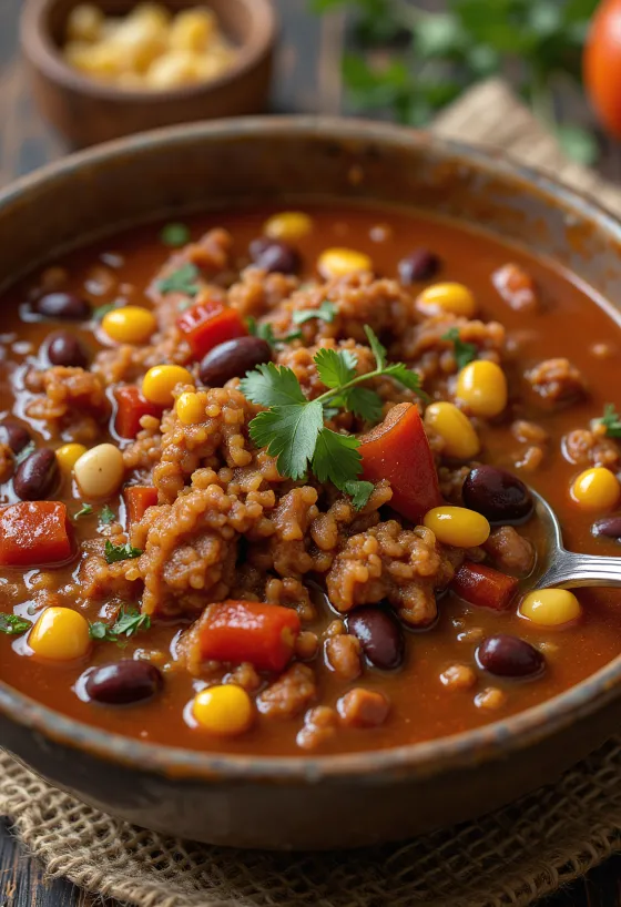 Chili con carne served with rice and tortilla chips