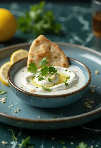 Fresh garlic raita in a bowl, garnished with delicate coriander