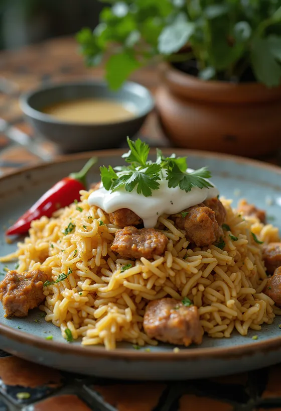 Ghuzi with yoghurt, served with spiced meat and fresh coriander