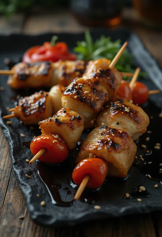 Kushiyaki yakitori mixed skewer with vegetables and meat, grilled