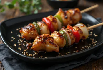 Kushiyaki yakitori mixed skewer with vegetables and meat, grilled
