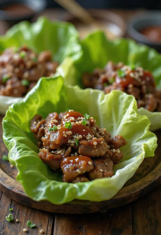 Beef Bulgogi in Lettuce Leaves Korean style dish served