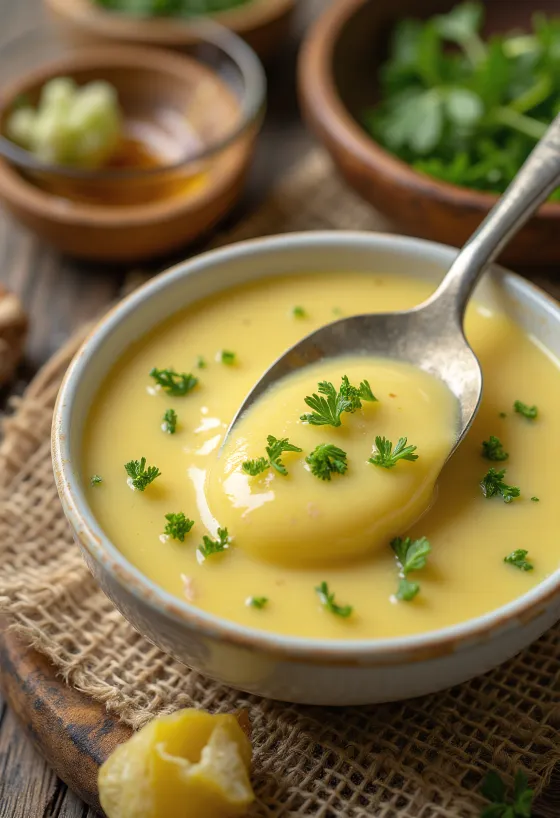 Honey-dill mustard sauce in a bowl, served with fresh dill and lemon.