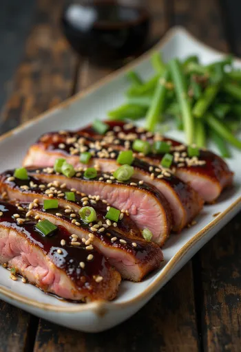 Teriyaki duck, Japanese style duck breast with sauce and sesame seeds