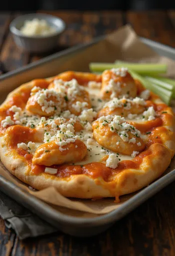 Buffalo chicken pizza with spicy chicken and blue cheese