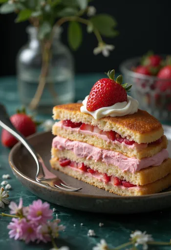 Strawberry cream filled cake decorated with fresh strawberries