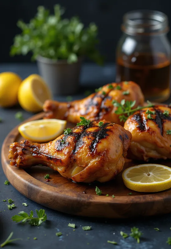 Grilled chicken legs fried to golden brown, with crispy skin and fresh herbs