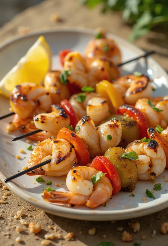 Seafood kebabs, grilled with vegetables and served with fresh parsley