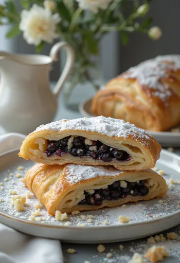 Freshly baked poppy seed strudel with crispy pastry, sliced and dusted with icing sugar.