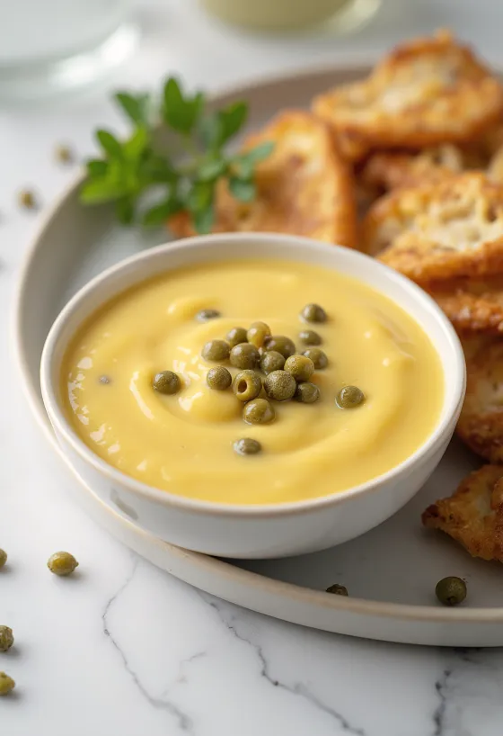 Honey-mustard caper sauce in a bowl, garnished with capers and fresh parsley.