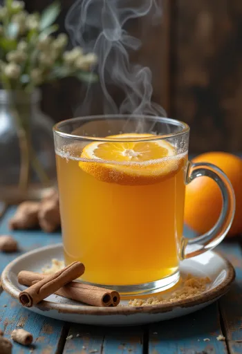 Orange and clove punch warming drink garnished with orange slice and cinnamon