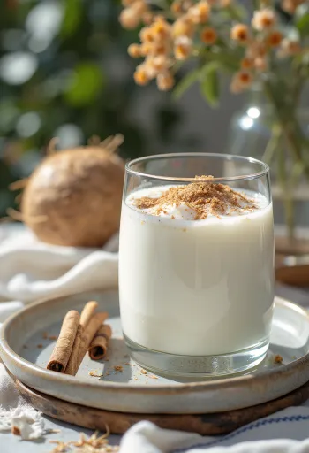 Coconut-cinnamon kefir in a glass, light creamy coloured drink sprinkled with desiccated coconut and cinnamon